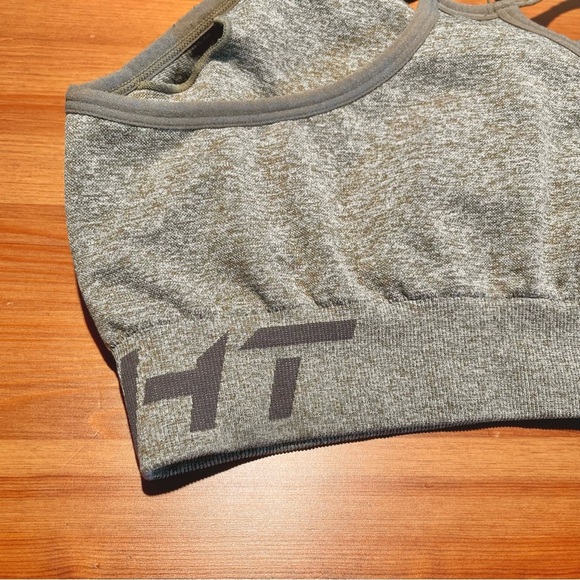 ECHT Women's Medium Arise Scrunch Sports Bra Green Grey Logo Band Strappy Padded - Picture 4 of 15